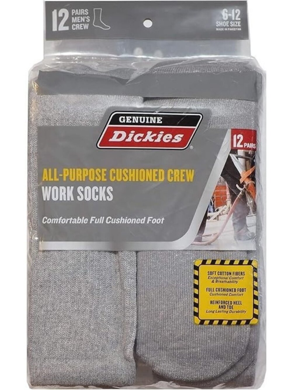 Dickies Crew Work Socks 12 Pack Gray Cushioned All Purpose Men's Size 9-12